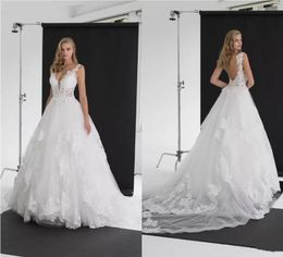 2019 Latest Wedding Dresses A Line Sexy Backless Appliques White Lace Wedding Dress Sweep Train Custom Made Plus Size Beach Bridal Gowns