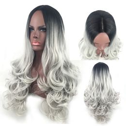 Hotselling White Black Ombre Lace Front Wig Synthetic Glueless Heat Resistant Long Wavy Wigs