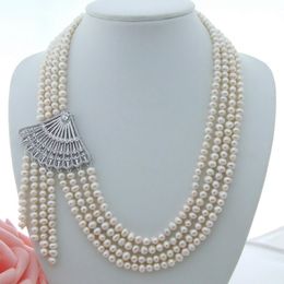Charming 4 row 5-6 mm white freshwater pearl tassel pendant necklace micro inlay zircon fan shape accessories long 50-61 cm