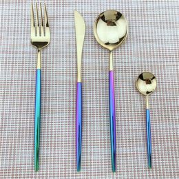 Korean Gold Silver Dinnerware Set 18/10 Stainless Steel Silverware Set Rainbow Tableware Dinner Knife Spoon Cutlery Western Food Set 4Pcs
