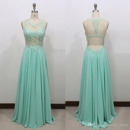 sexy evening dresses jewel sage lace appliques beaded aline long open back chiffon prom dress party pageant gowns