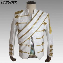 Wholesale Men Costume Shining Black White Sequins Jacket England Style Court Sequined Jackets Coat Nightclub Rock Singer Show Stage Outfit