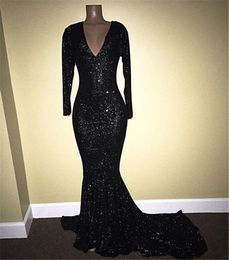 -Sparkly Pailletted Black Sirena Prom Dresses 2019 Sexy Pluging V Collo a V Maniche lunghe Abiti da sera Donne Donne Abiti da partito formale a buon mercato