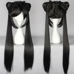 80cm long black Straight Lolita Women Wig With Two Ponytails Anime Cosplay Wig