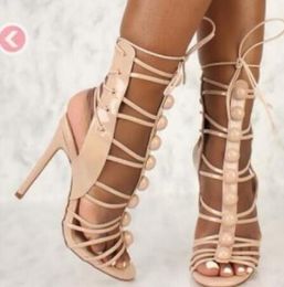 2018 New fashion women PARTY shoes lace up high heels party shoes gladiator sandals pink runway shoes big stud sandals