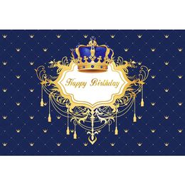 Customised Birthday Party Photo Booth Backdrop Dark Blue Printed Gold Crown Prince Baby Shower Background Boy Kids Back Drop