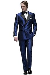 New Fashion Shiny Navy Blue Groom Tuxedos Groomsmen Blazer Excellent Men Business Activity Suit Party Prom Suit(Jacket+Pants+Bows Tie) 222