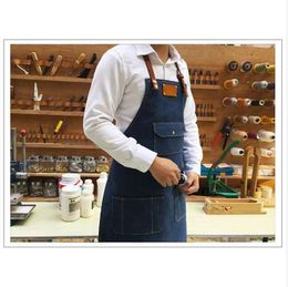 Practical Working Denim Bib Apron With Leather Strap For Barista Chef Barber Pocket Studio Uniform