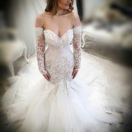 Sexy Off Shoulder Mermaid Wedding Dresses Fitted Sheer Lace Illusion Country Long Sleeve Bridal Gown Arabic Train Bride Dress Custom Made