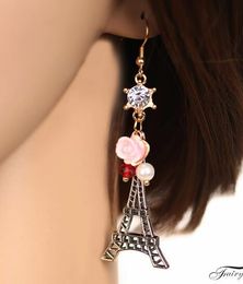Hot Style European and American fashion earrings Paris tower crystal pearl rose earrings fashion classic exquisite elegance