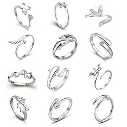 Hot sales plating 925 Sterling Silver Rings Dolphins Dragonfly Wings Of The Angel Love Fox Butterfly Opening Adjustable Ring