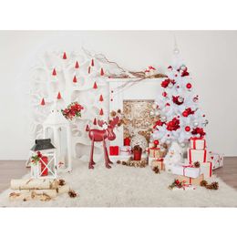 Indoor Xmas Party Photo Booth Background Printed Fireplace White Christmas Tree Presents Toy Horse Kids Photography Backdrops