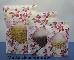 100pcs/lot, 16x24cm Self-standing red flower printing plastic ziplock bag with window, frosted lucency coffee bean packaging pouch food sack