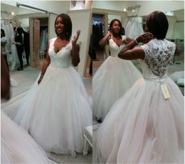 Custom Deep V Neck Lace Wedding Dresses Ball Gown Puffy Tulle Appliques Country Boho Bridal Crystal Beaded Sash Covered Designer Bling Gown