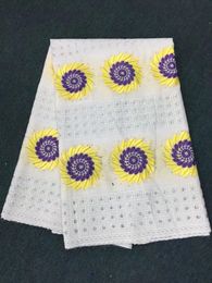 5 Yards/pc Top sale white african cotton fabric with purple and yellow sun flower swiss voile lace embroidery for clothes BC12-6