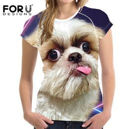 FORUDESIGNS Shih Tzu Print T Shirts for Women Top,Schnauzer Elastic T-shirt Femme,Cut Dog Basic Ladies Tee Shirts Tops Plus Size
