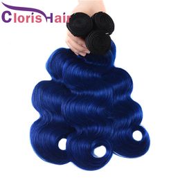 -Rootture scure 1b Blue Ombre Tessuto BLUE e Wavy Raw Indian Virgin Virgin Human Hair Bundles Body Wave Due tono colorato remy estensioni dei capelli