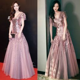 New Stars With Sequins Prom Dresses Bean Sand Color High-end V-Neck Long-Sleeved Party Evening Dresses HY035