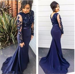 Vestidos Navy Blue crew beaded Lace Mermaid prom Gowns 2016 ribbon belt ruched Long Sleeves Appliqued stain Party Gowns evening dresses