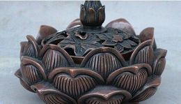 5" Old Chinese Buddhism Temple Bronze Lotus Shaped Statue Incense Burner Censer