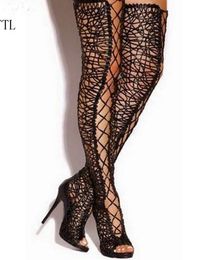 Sexy Black Lace Over The Knee Boots Women Peep Toe Lace Up High Heel Shoes Woman Cross Tied Thigh High Boots For Woman