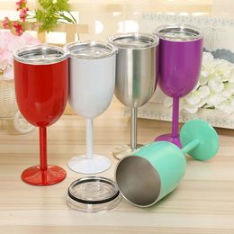 Fashion 9 Colors10oz Stainless Steel Wine Glass Cups Double Wall Insulated Metal Goblet Tumbler Red Wine Mugs With Lid 30PCS