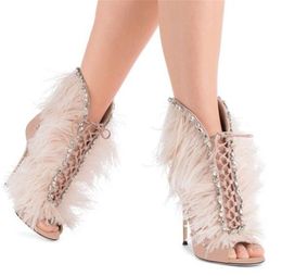 Women Fashion New Design 2018 Open Toe Pink Black Fur Rhinestone Short Boots Lace-up Tassels Crystal High Heel Ankle Booties 5