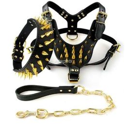 Black Spiked Studded Leather Dog Pet Pitbull Harness Chest 26"-34" Collar & Leash Set For Medium Large Dogs Boxer Bull Terrier