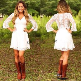 Modest Short Lace Cowgirls Country Wedding Dresses with 3 4 Long Sleeves Mini Bridal Gowns Reception Dress for Weddings 2020218Q