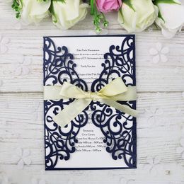2020 New Free Shipping 5*7 Navy Blue Invitations Cards With Ribbon For Wedding Bridal Shower Engagement Birthday Graduation Party Invite