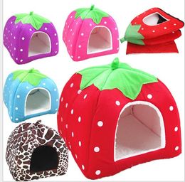 2626cm foldable soft winter leopard dog bed strawberry cave dog house cute kennel nest dog fleece cat bed house