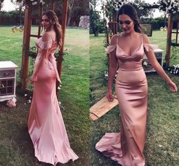 Elegant Sexy Spaghetti Straps Cheap Pink Mermaid Prom Dresses Long Silky Satin Open Back Sweep Train Evening Party Gowns With Sashes