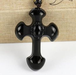 Natural Black Obsidian Cross Jewellery With Beads Chain Necklaces Pendant Collection Summer Ornaments Natural Stone Hand Engraving