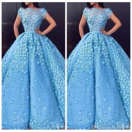 2019 Amazing Pearls Beaded Prom Dresses Sheer Neckline 3D Floral Appliques A-Line Tulle Party Gowns Red Carpet Celebrity Evening Dresses