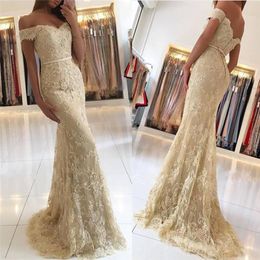 Newest Champagne Mermaid Dresses Prom Dresses Long Sequins Beads Sweep Train Off Shoulder Prom Gowns Formal Special Occasion Party Dresses