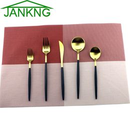JANKNG 5Pcs/Lot Black Handle Cutlery Set 18/10 Stainless Steel Dinnerware Set Fork Knife Silverware Home Tableware Set Dessert Fork