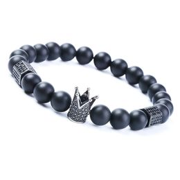 Black lava stone bead bracelets Natural stone round beads bracelet for women Skull crown rhinestone stretch men bracelet Jewellery