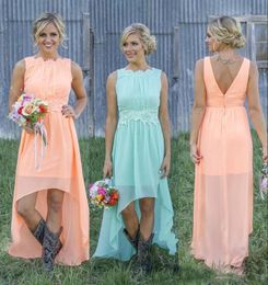 Country Bridesmaid Dress Chiffon A-Line Hi lo Coral Mint Beach Lace Applique Low Back Maid Of the Honour Wedding Guest Dress