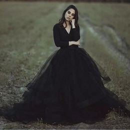 simple gothic dresses Australia - Modest Black Gothic Wedding Dresses V Neck Long Sleeve Puffy Tutu Cheap Simple Tulle Bridal Garden Outdoor Wedding Gowns