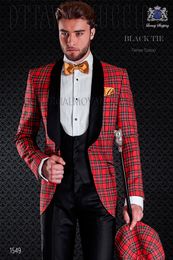 New Arrival Groomsmen One Button Groom Tuxedos Shawl Satin Lapel Men Suits Wedding Best Man Bridegroom (Jacket + Pants + Vest + Tie) L145