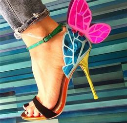 Zapatos de diseñador de moda colores mixtos espejo tacón de mariposa sandalias para mujeres abiertas alas de aguja de tibón de tibón