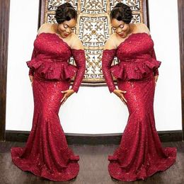 South African Plus Size Prom Dresses Dark Red Sequined Long Sleeves Evening Gowns Sheer Neck Peplum Mermaid Women Party Dress Vestidos