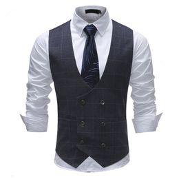 YFFUSHI 2018 Double Breasted Men Vest Spring Autumn Fashion Plaid Vest V-neck Casual Style Slim Fit High Quality