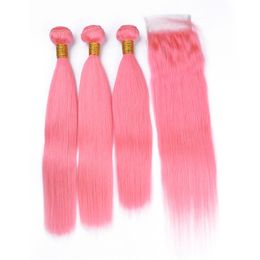 Peruvian Virgin Pink Colour Human Hair Weaves with Closure Silky Straight Peach Pink 4x4 Lace Front Closure with Human Hair Bundles Deals