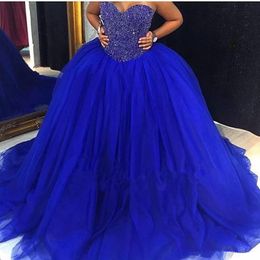 2018 Cheap Royal Blue Quinceanera Gowns Sweetheart Beaded Crystal Lace Up Ball Gown Sweet 16 Dresses 15 Years Prom Formal QQ14