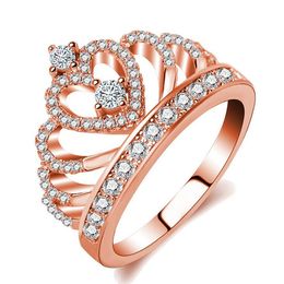Classical Luxury Jewelry Crown Wedding Band Ring for Women 925 Sterling Silver&Rose Gold Filled White Sapphire CZ Diamond Finger Rings Gift