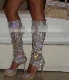 2018 women knee high gladiator sandals boots rhinestone stud booties thin heel glitter platform boots peep toe booties