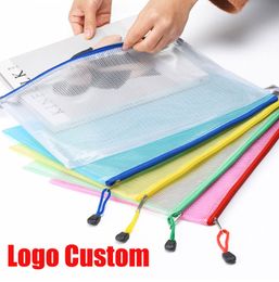 Logo Custom Waterproof Plastic Zipper Paper File Folder Book Pencil Pen Case Bag File document bag A4 A5 Size for office student supplies