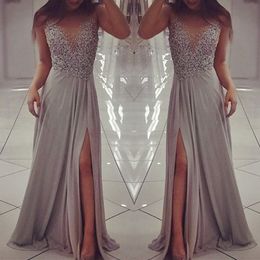 Sexy Illusion A-Line Long Evening Prom Dresses Sparkly Crystal Beaded Side Split Prom Gowns Silver Chiffon Party Wear Dress Custom Made