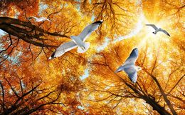 non-woven Wallpaper Ceiling HD fantasy autumn maple forest pigeons HD zenith fresco desktop wallpaper